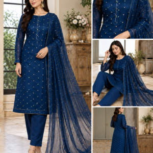 Navy Blue Cotton Suit with Chiffon Dupatta