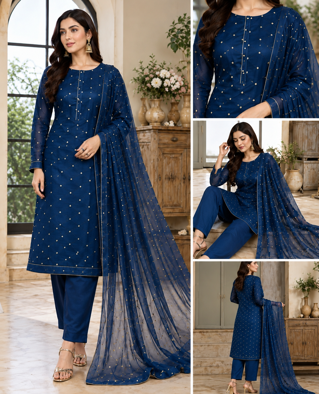 Navy Blue Cotton Suit with Chiffon Dupatta